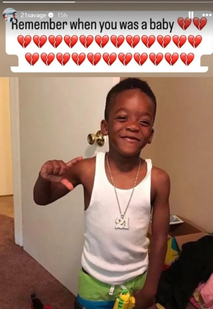 An instagram photo of Seven Smith, with lots of red hearts, when he was younger, posted by rapper 21 Savage