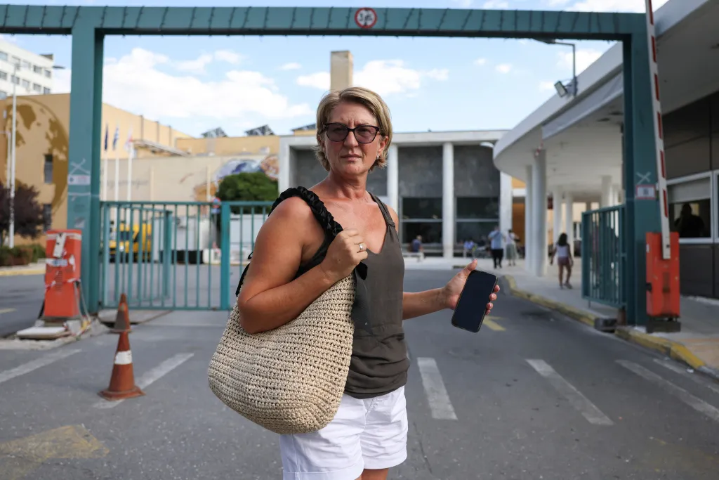 Svetlana Grkovic outside the hospital in Thessaloniki, Greece, where her husband is being treated after the flight on July 14, 2026.