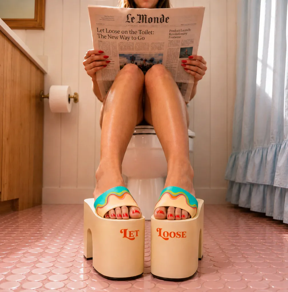 A person on a toilet, wearing platform sandals that read 