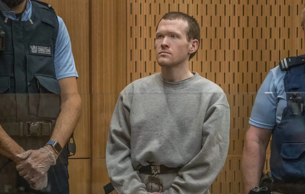 Australian white supremacist Brenton Tarrant attends his first day in court in Christchurch on August 24, 2020.