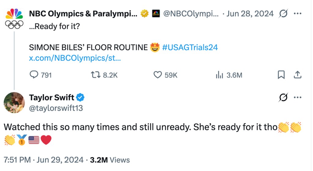 Taylor Swift's retweet of an NBC Olympics post about Simone Biles' floor routine.