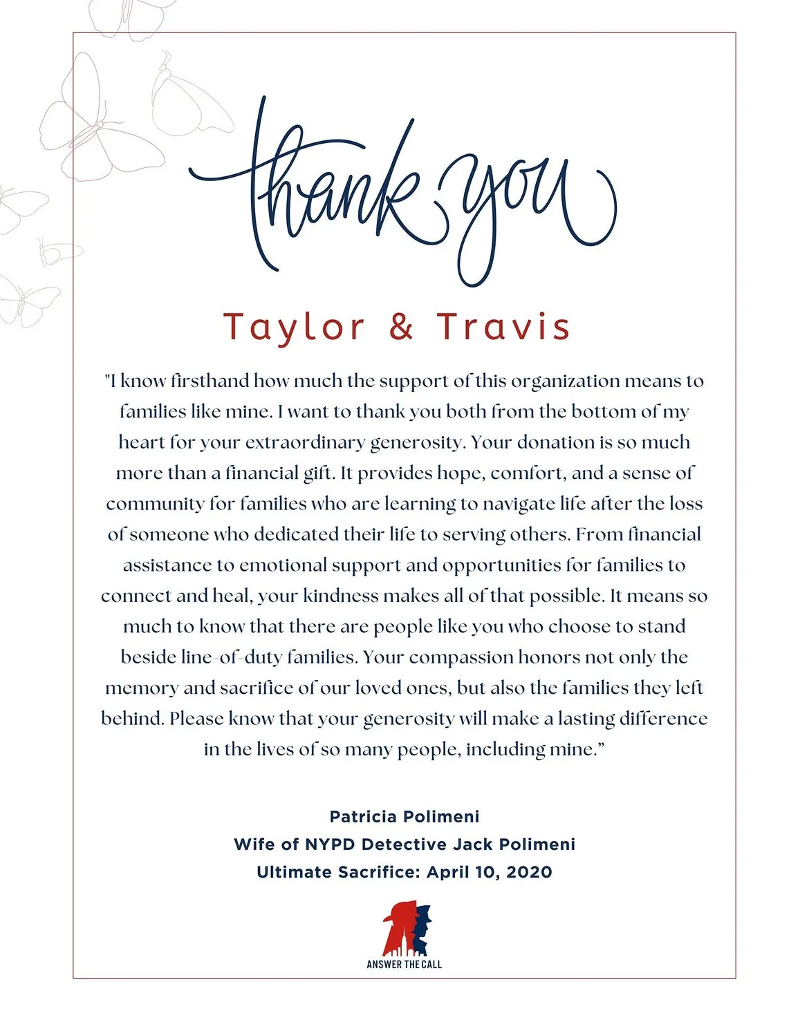Thank you note to Taylor and Travis from Patricia Polimeni, wife of NYPD Detective Jack Polimeni.