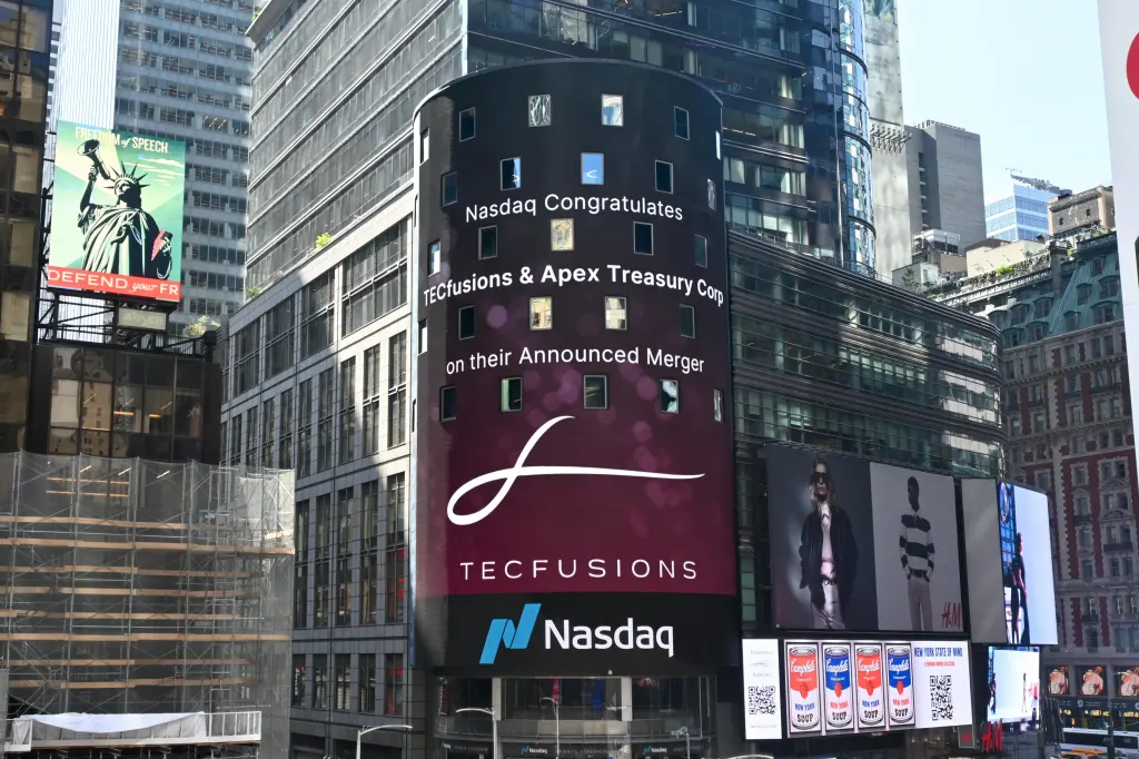 Nasdaq billboard celebrating the merger of TECfusions and Apex Treasury Corp.