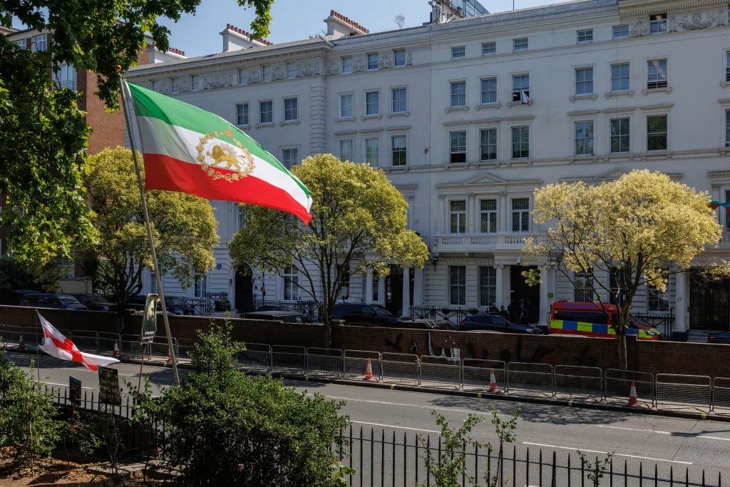 An Iranian flag flies outside of Iran's embassy in London, England, on July 13, 2026.