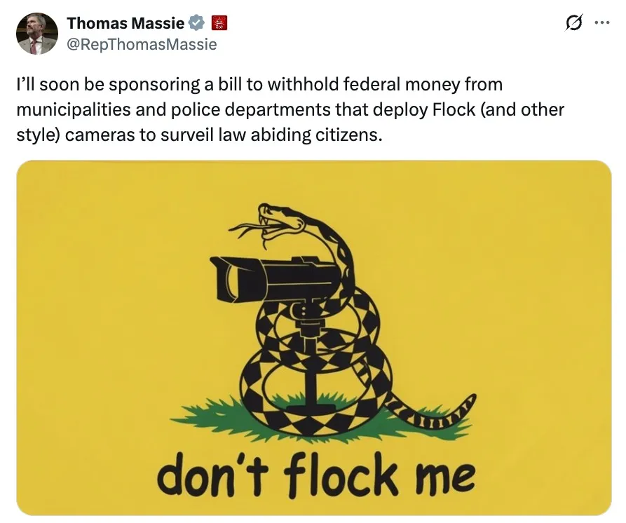 Illustration of a Gadsden flag with a snake coiled around a security camera and the text 