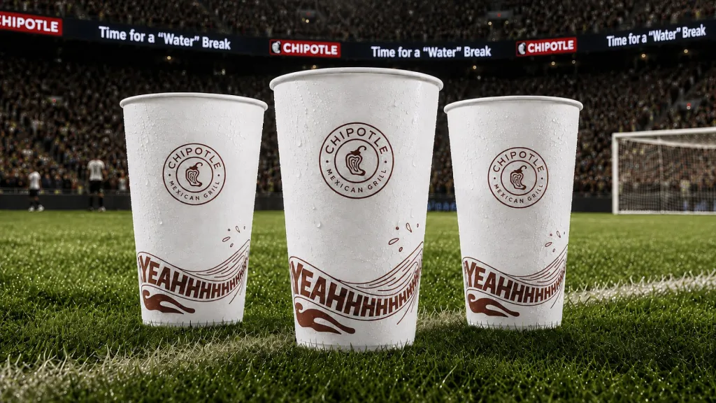 Three Chipotle cups on a soccer field, with stadium lights in the background displaying