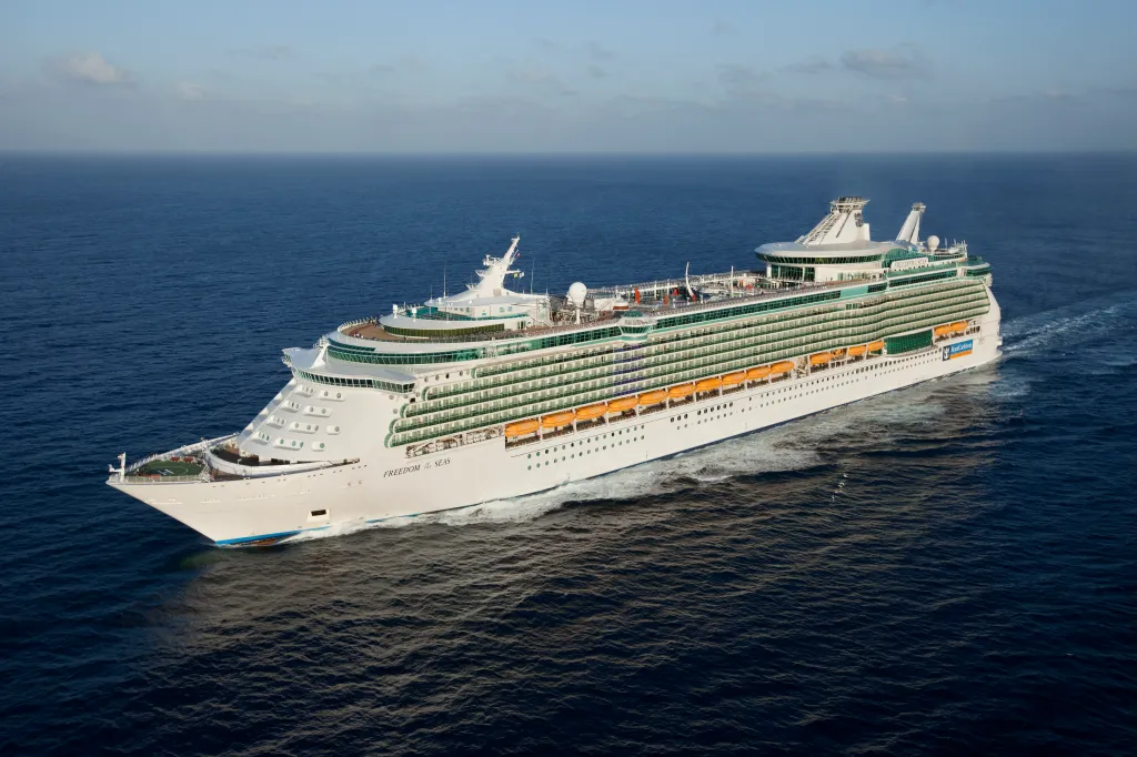 Aerial view of the cruise ship Freedom of the Seas at sea in Labadee, Haiti.