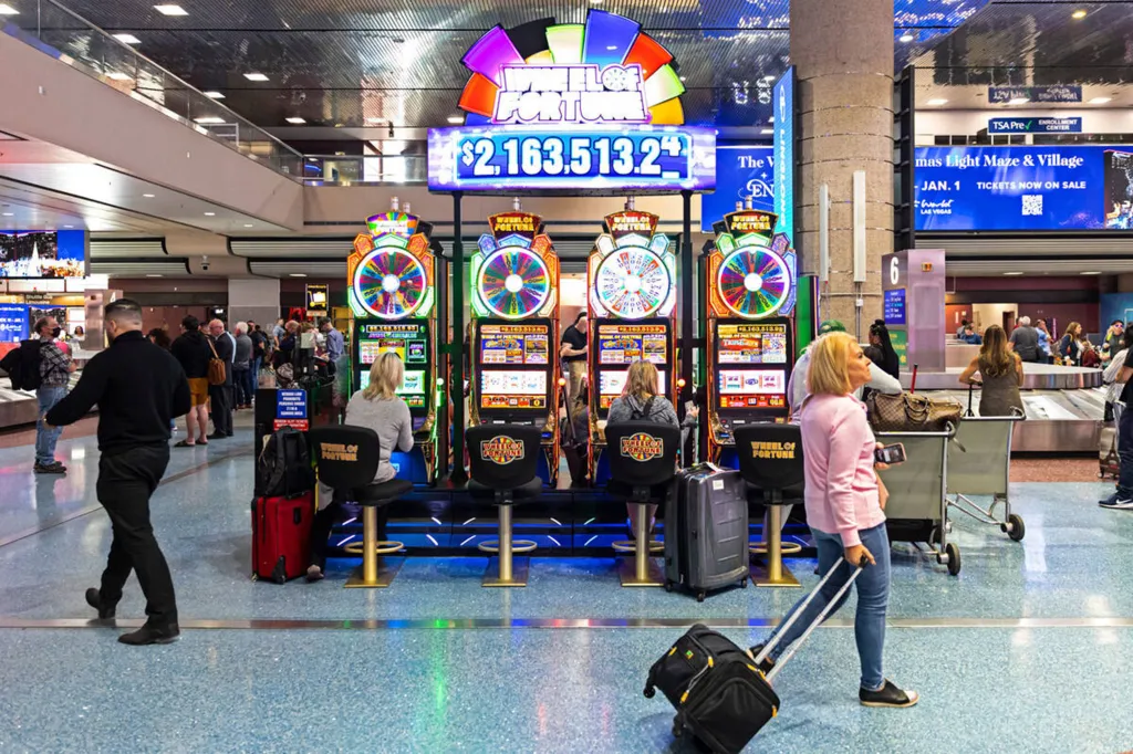 Travelers pass by slot machines in the Terminal 1 baggage claim area at Harry Reid International Airport in Las Vegas.