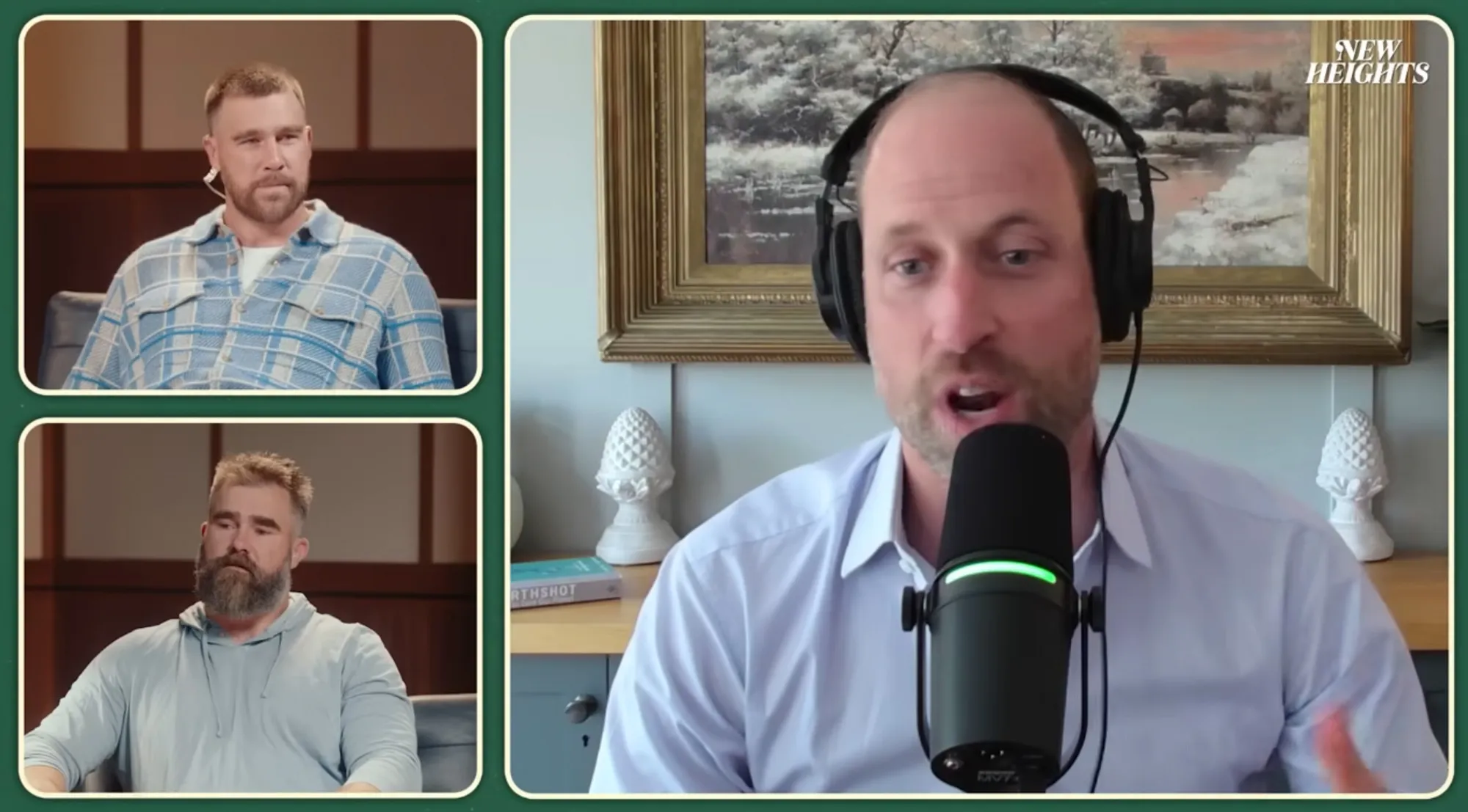 A split-screen collage shows Travis Kelce and Prince William discussing their meeting at Taylor Swift's London concert with the podcast host from New Heights.