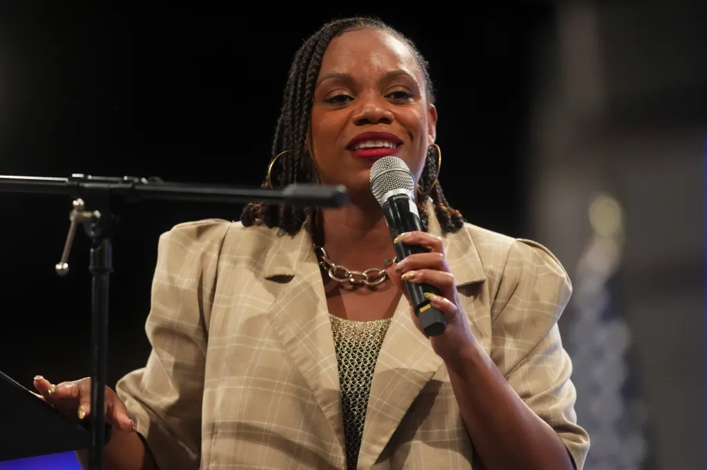U.S. Congresswoman Summer Lee speaking at a rally.