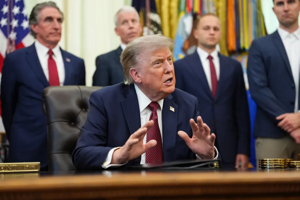 Donald Trump speaks during an announcement on American nuclear innovation in the Oval Office.