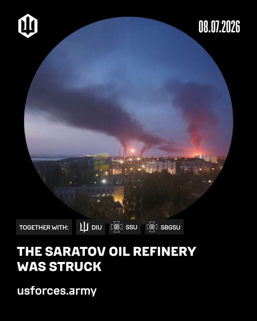 Heavy smoke and flames rise from an oil refinery in Saratov, Russia, after being struck.