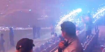 Fans scram: Fireworks head into the stands at BMO stadium after Angel City FC match