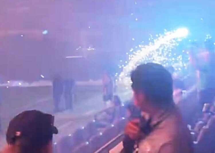 Fans scram: Fireworks head into the stands at BMO stadium after Angel City FC match