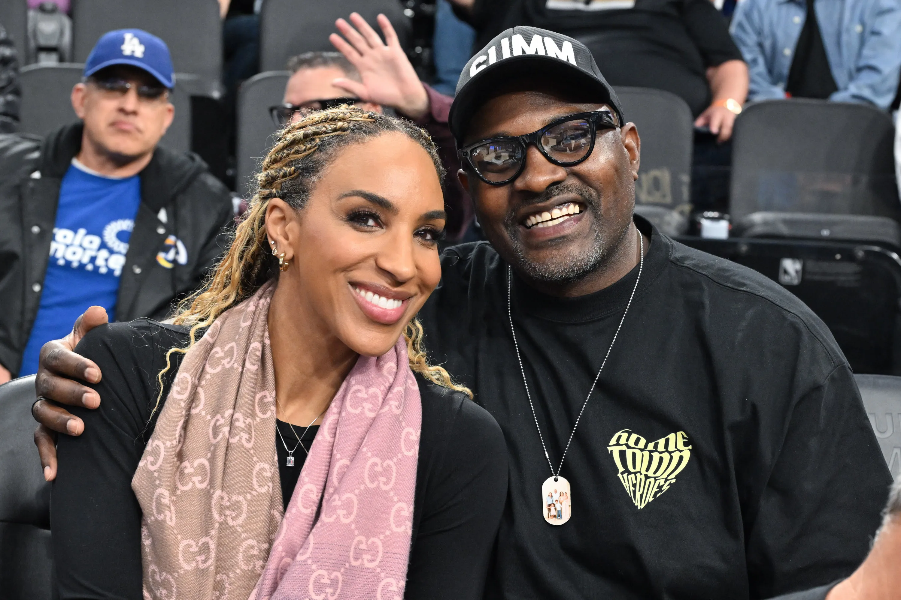 Annemarie Wiley and Marcellus Wiley at a Los Angeles Clippers basketball game.
