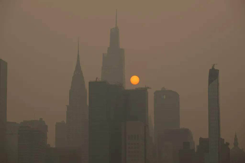 A view of the Manhattan skyline as wildfire smoke from Canada causes hazy conditions on July 16, 2026 in New York.