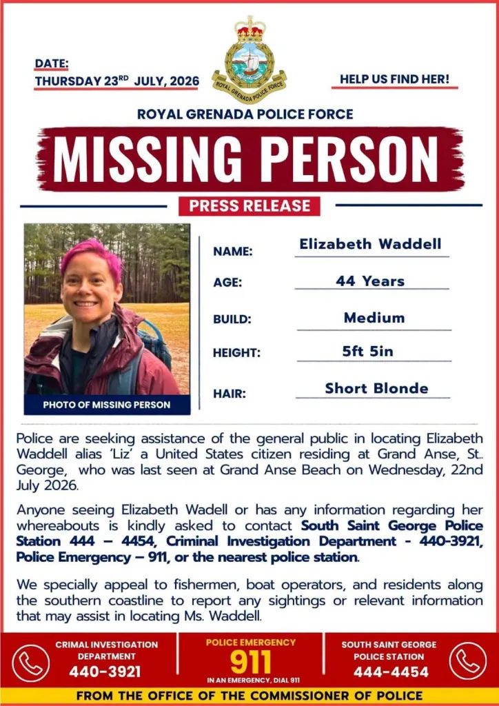The missing person press release for Waddell shared by the Royal Grenada Police Force on July 23, 2026.