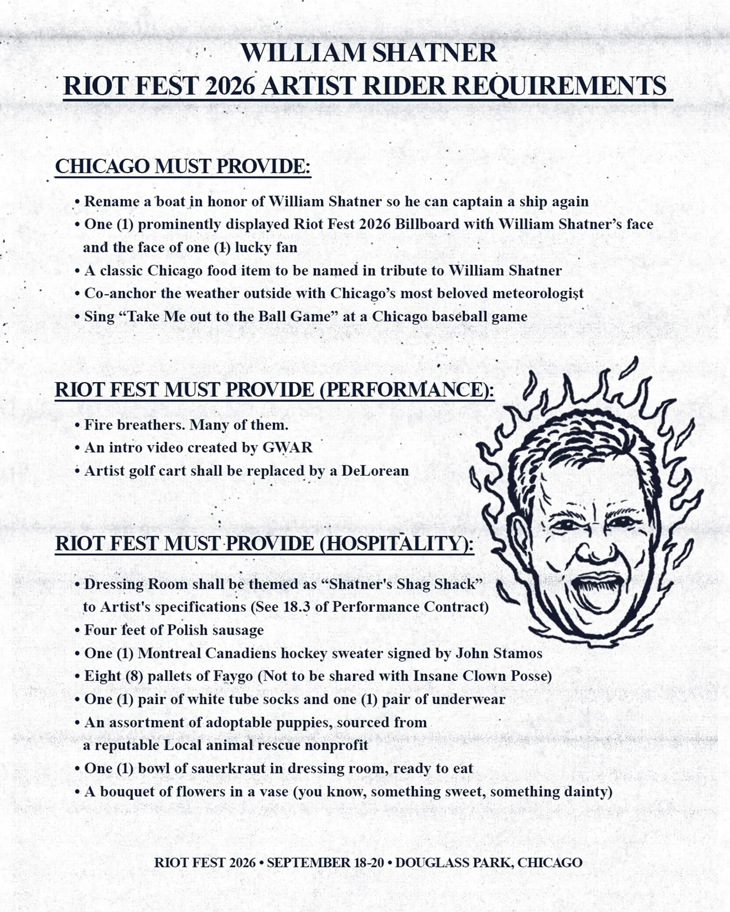 Illustration of William Shatner's eccentric demands for Riot Fest 2026, including renaming a boat for him, a DeLorean for a golf cart, and adoptable puppies.