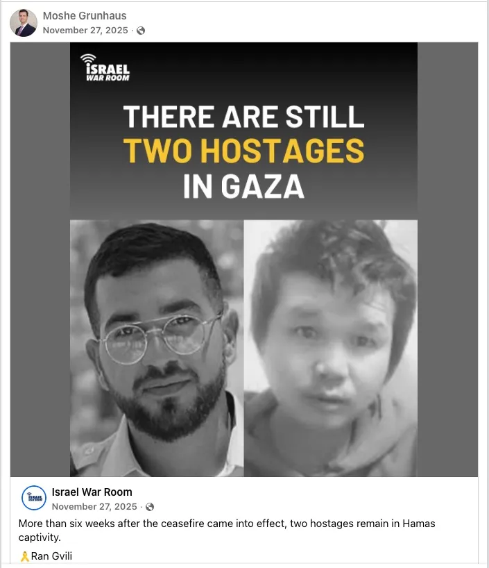 A Facebook post shared of two hostages pictured in black and white.