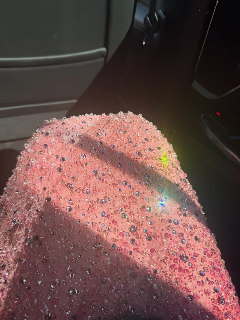 Gracie Abrams's leg adorned with a sparkly pink dress in a car.
