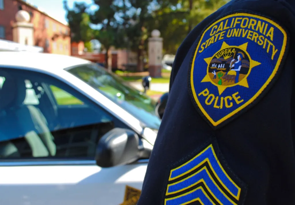 A close-up of a police officer's uniform sleeve with a