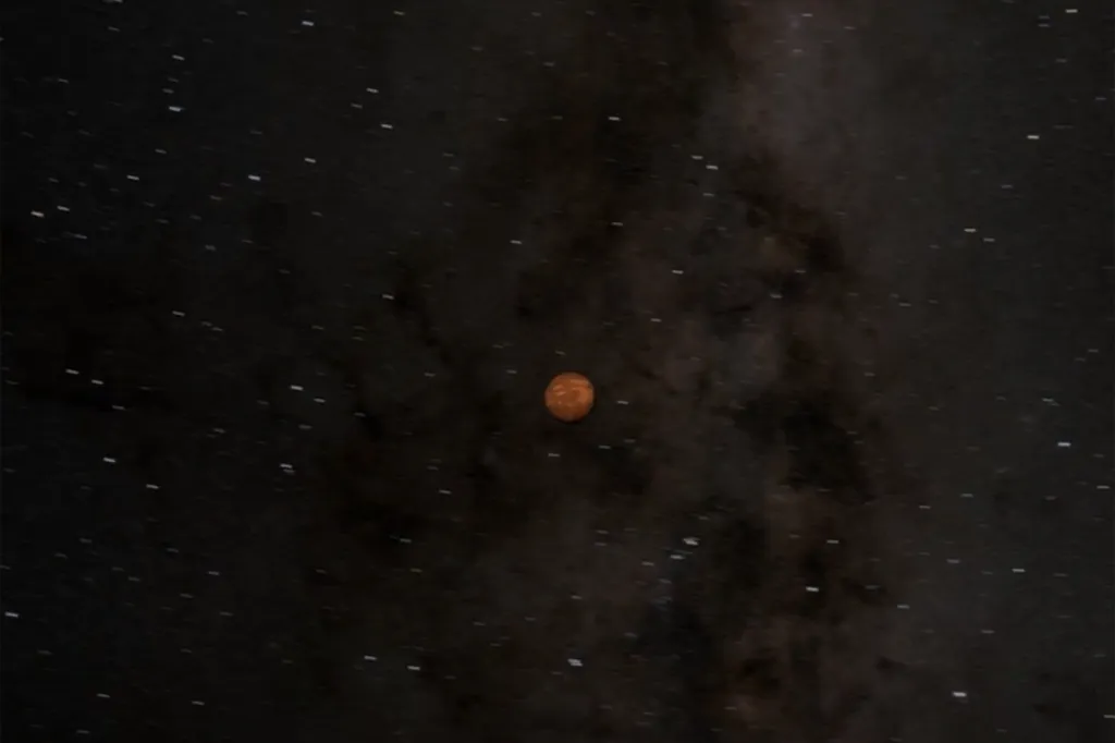 An illustration of an orange-brown planet against a dark, star-filled cosmic background with nebulous clouds.