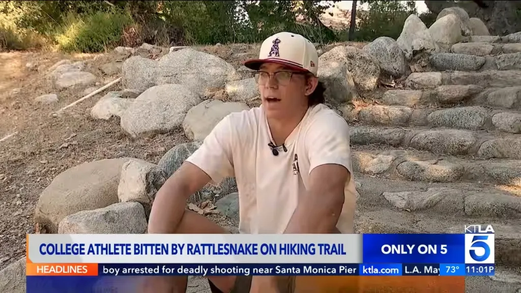 A young man wearing a baseball cap and glasses sits outdoors, speaking, with a news chyron at the bottom of the screen reading 