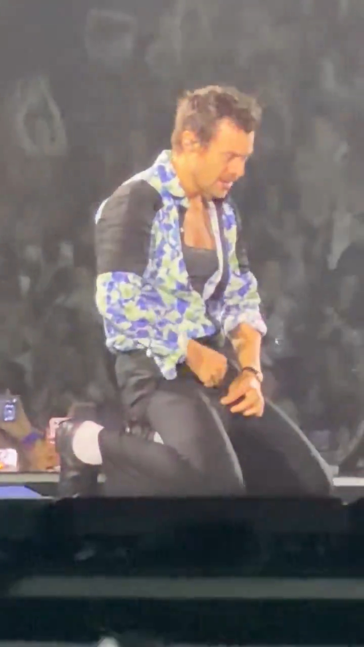 Harry Styles on stage, kneeling and adjusting his unzipped fly.