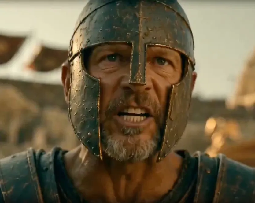 A man in a Roman-style helmet with a beard and open mouth, speaking intensely.
