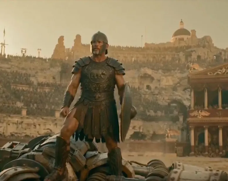 Steve Hilton dressed as a Roman soldier in an arena.