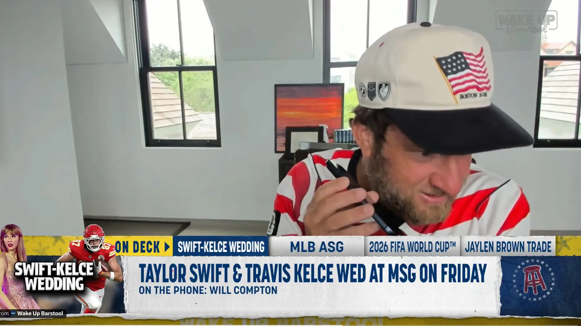 Dave Portnoy on a video call, wearing a white and black cap with an American flag and 