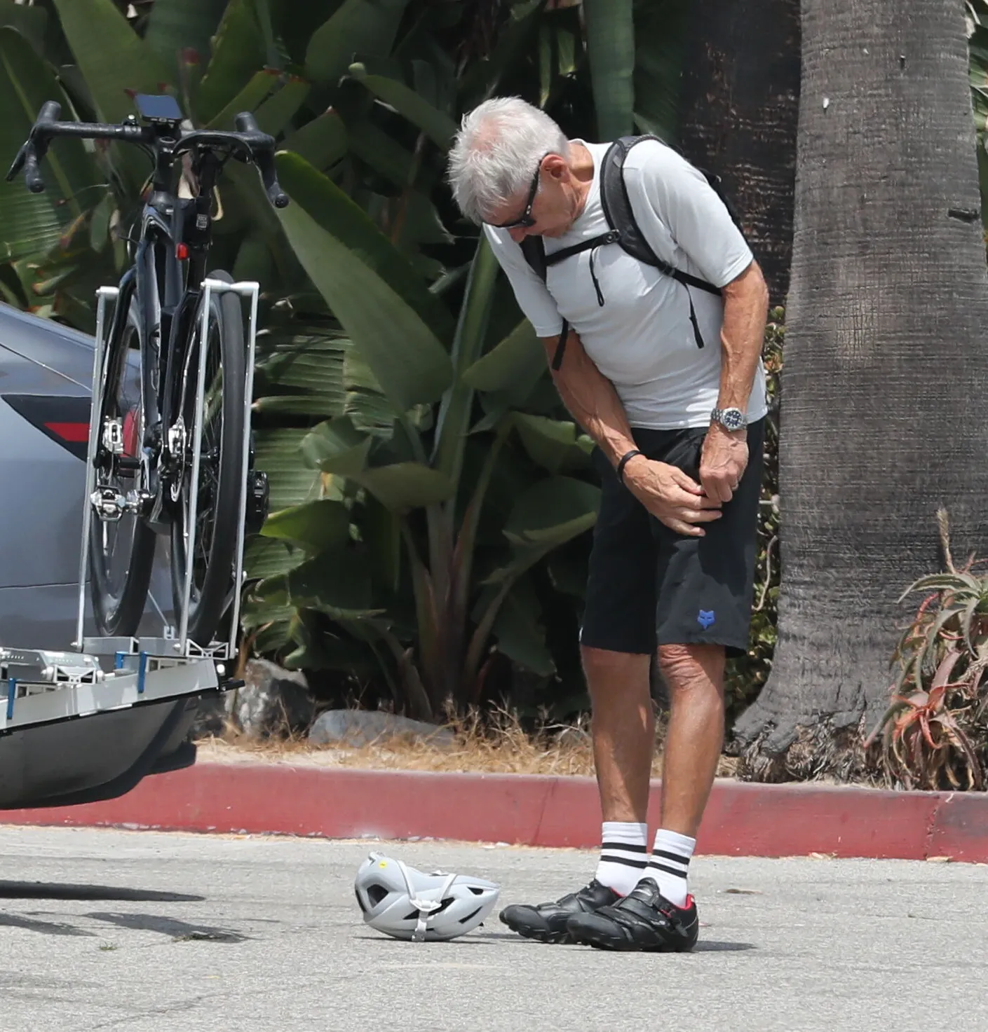 Harrison Ford, the actor and athlete, takes a break from a bike ride.