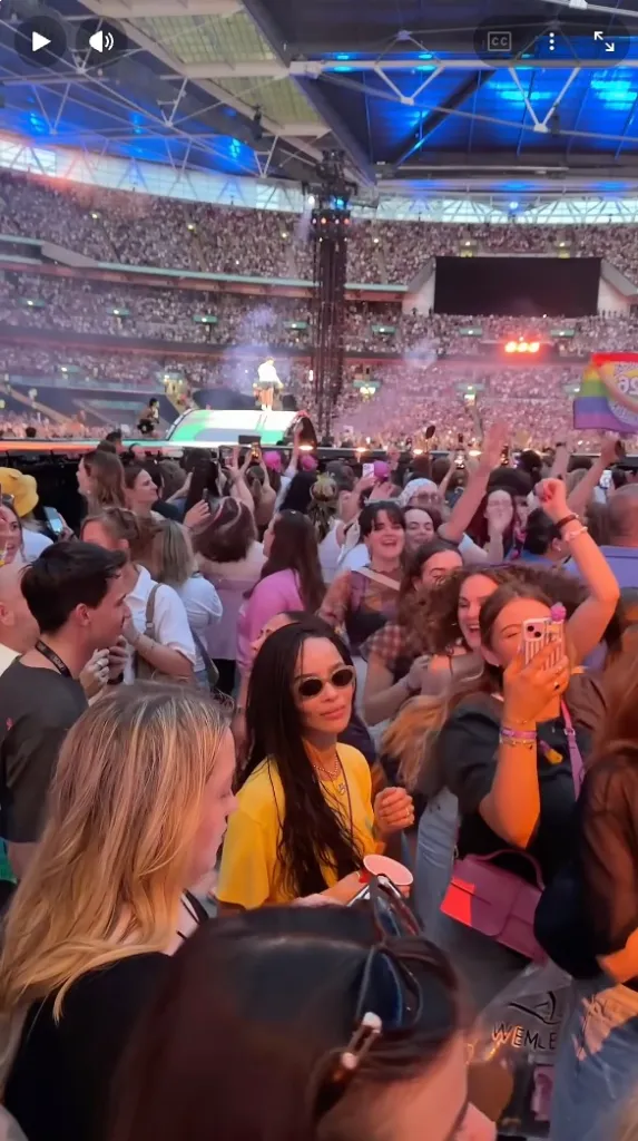 Zoe Kravitz, in a yellow T-shirt, dancing in the pit at a Harry Styles concert.