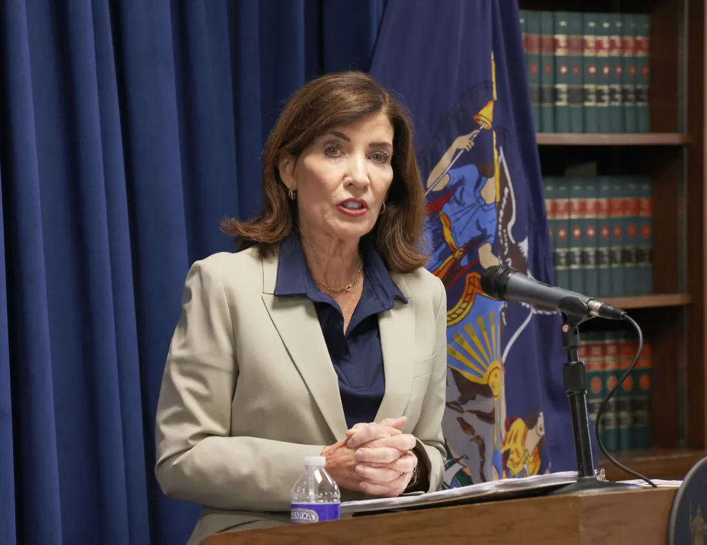 New York Gov. Kathy Hochul speaking at the Queens District Attorney's Office.