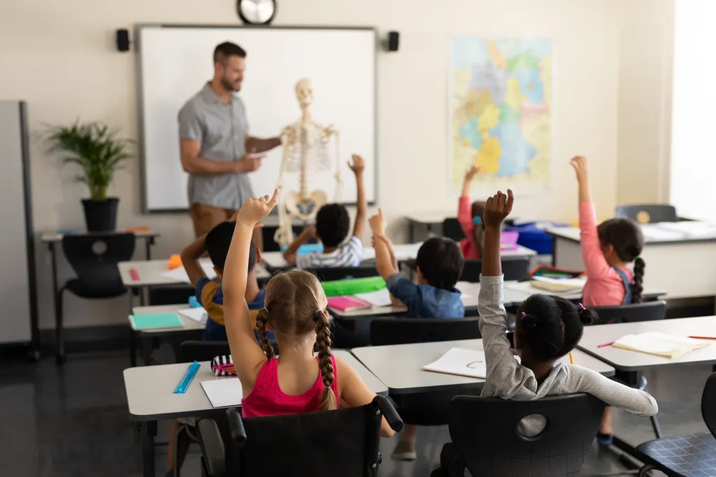 Diverse elementary school children raising hands at their desks in a classroom, with a teacher and anatomical skeleton in front.