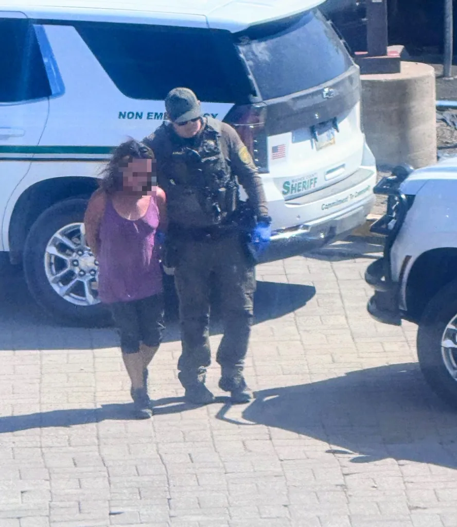 A woman in handcuffs being escorted by an officer in front of a sheriff's vehicle.