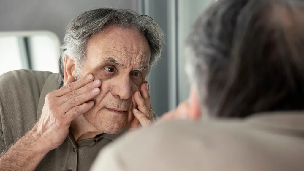 An older man examines the skin around his eye in a mirror.
