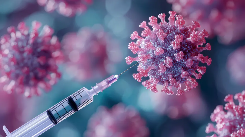 Illustration of a syringe injecting a measles virus.