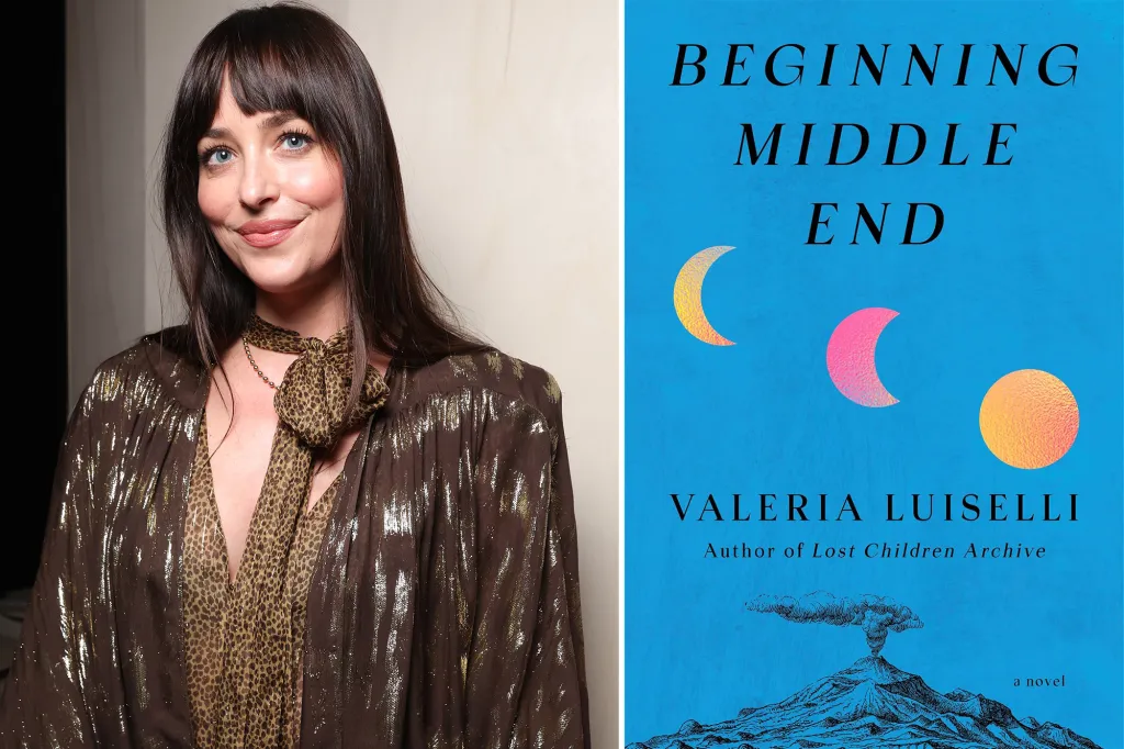 Collage of Dakota Johnson and the book cover of 
