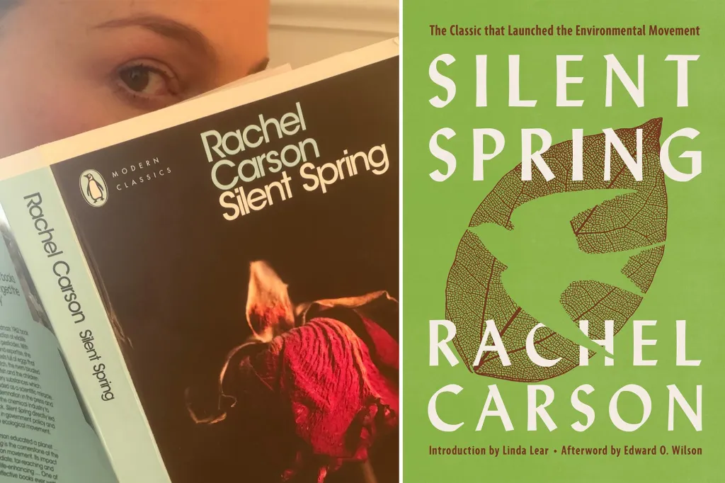 Collage of a person reading a copy of Rachel Carson's 