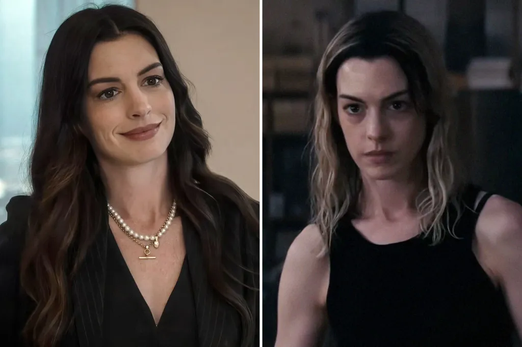 Collage of Anne Hathaway in two different looks.