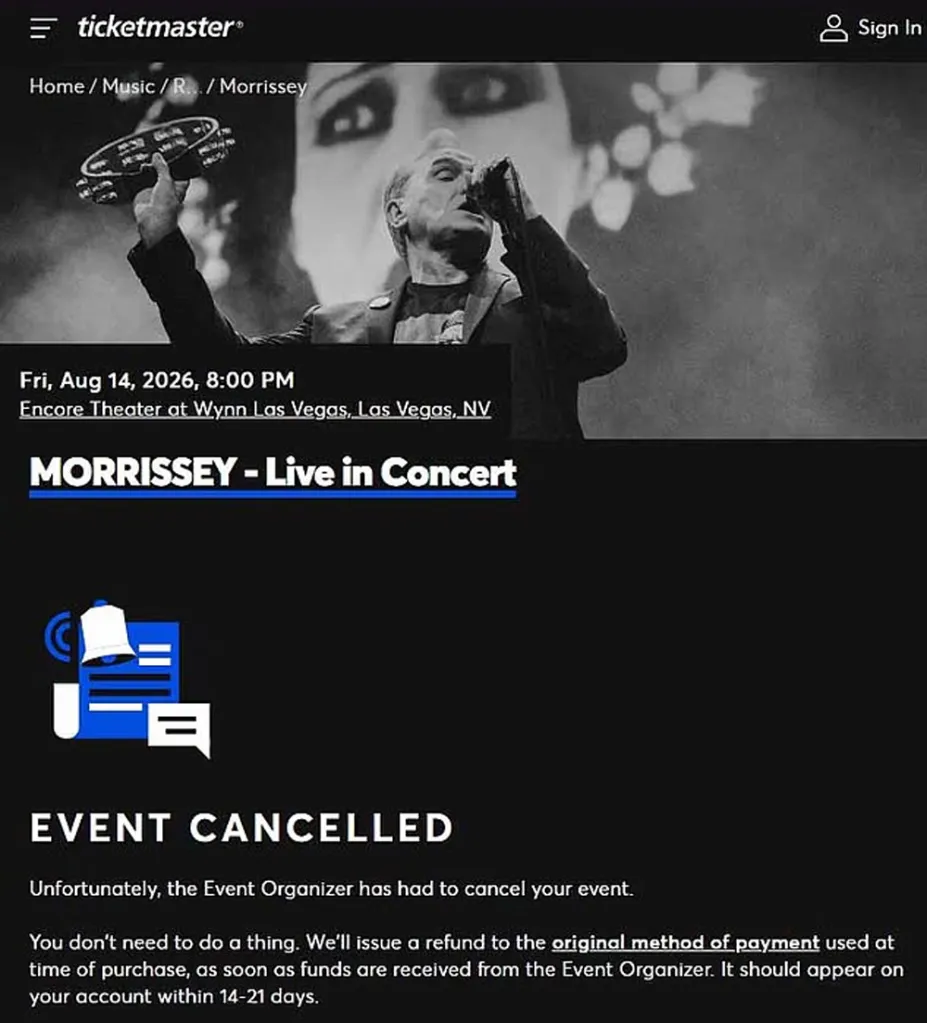 Ticketmaster page showing Morrissey's