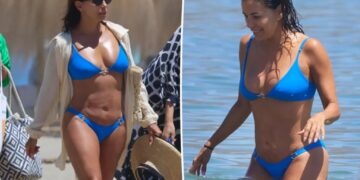 Eva Longoria, 51, displays fit figure in tiny blue bikini during beach day in Spain