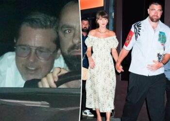 Brad Pitt spotted drinking at Taylor Swift and Travis Kelce’s wedding in July before publicly admitting he is off the wagon