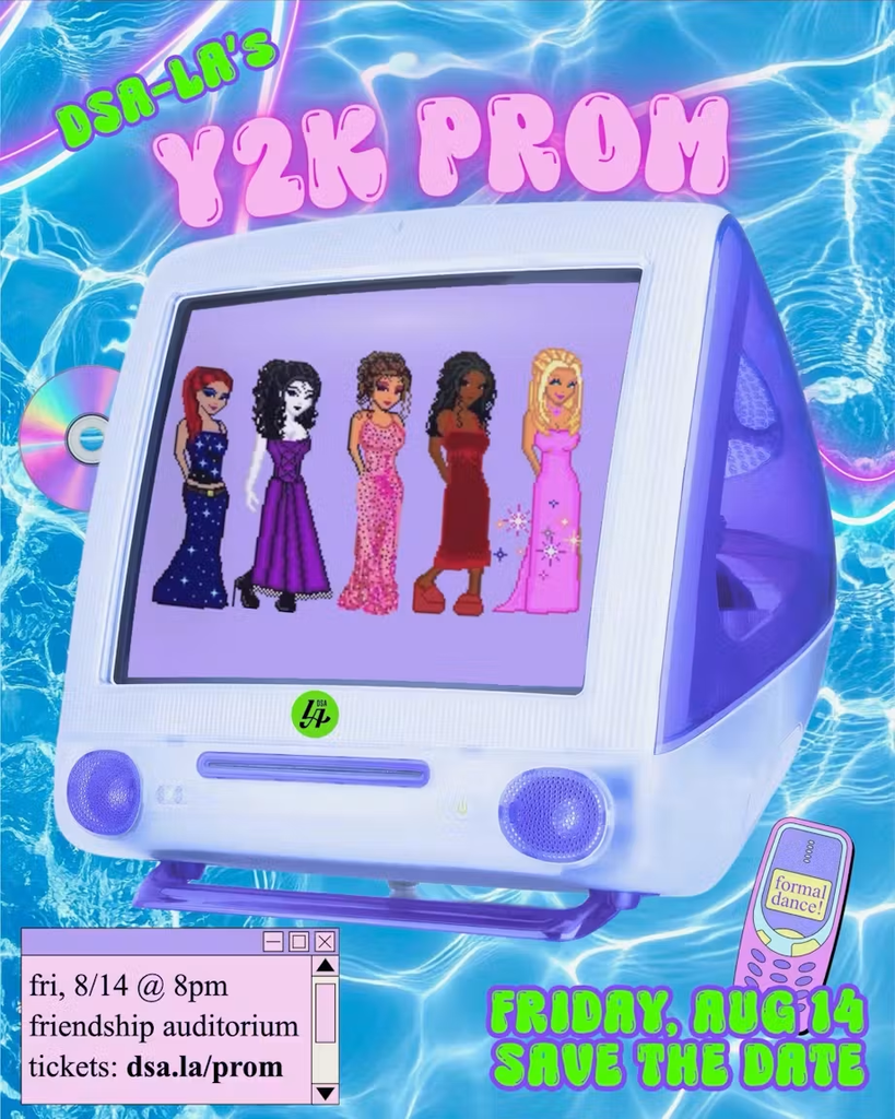 Illustration of a Y2K Prom invitation with an iMac displaying pixelated prom dresses, a flip phone, and a CD.