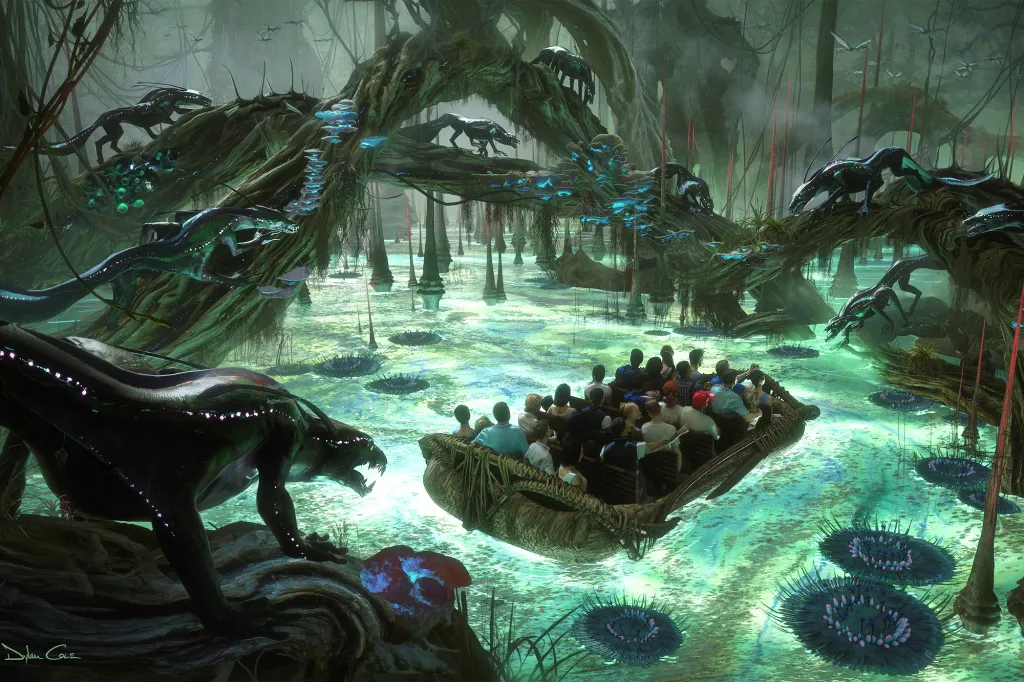 Illustration of people in a boat on a bioluminescent river in a swamp, surrounded by glowing alien creatures and plants.