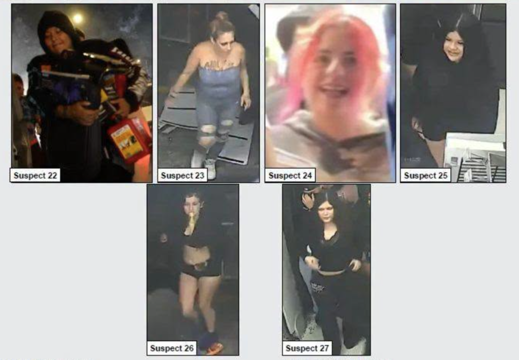Collage of surveillance images of suspects 22 through 27, all young women.