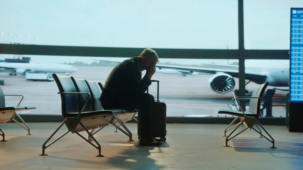 A stressed business traveler sitting alone in an airport lounge with his head in his hands, with an airplane visible through a large window on a cloudy day.