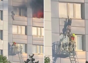 Harrowing video shows woman take death-defying leap from 11th-floor of burning high-rise building