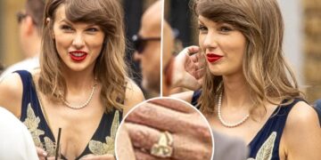 Taylor Swift flashes wedding ring and gold band as she attends Oli Jacobs and Laura Sisk’s star-studded nuptials solo